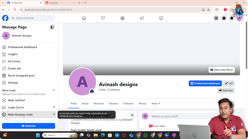 Accessing Meta Business Suite from Facebook page