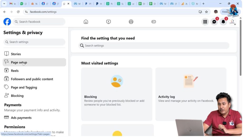 Accessing Page Setup option in Facebook Page settings