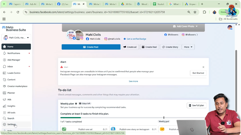 Opening Meta Business Suite settings page to manage user access and roles
