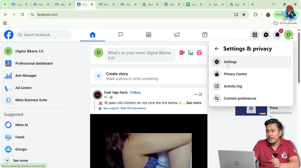 Facebook page settings panel with a left-side navigation menu visible.
