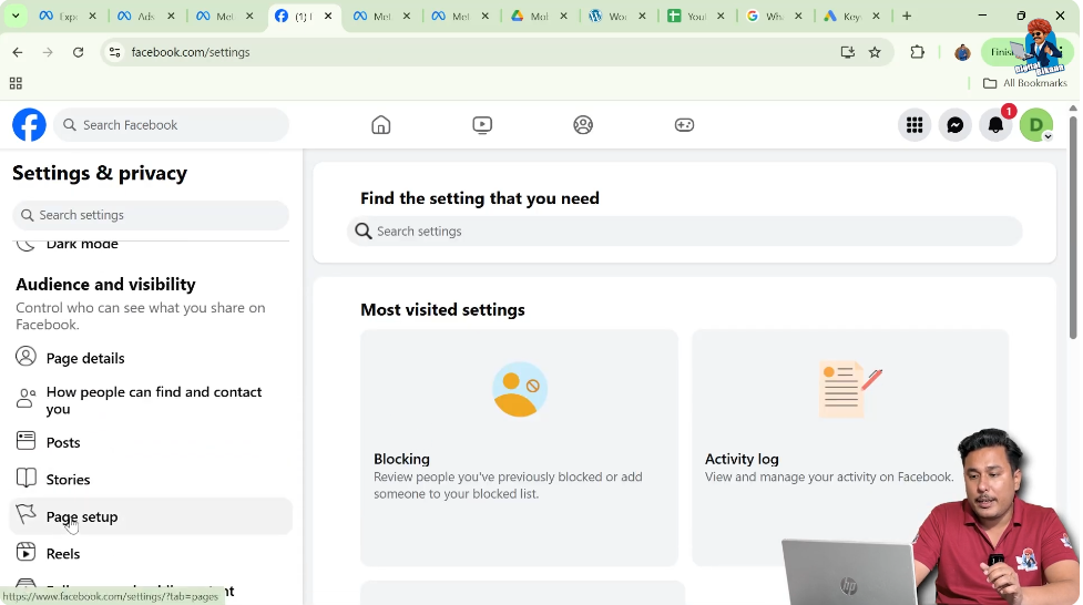 Scrolling Facebook page settings to find the Page Setup section