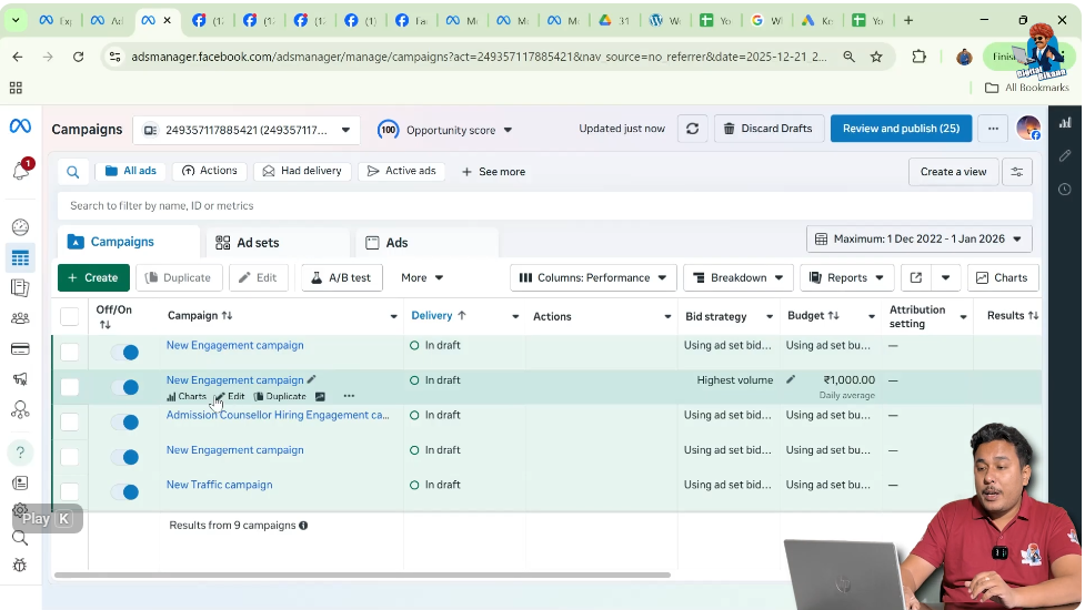 Meta Ads Manager dashboard showing existing ad campaigns