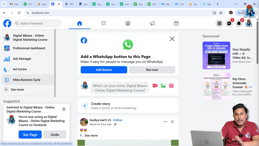 Meta Business Suite dashboard opened from Facebook business page