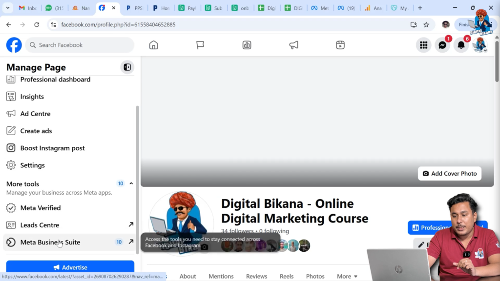 Opening Meta Business Suite from Facebook business page dashboard