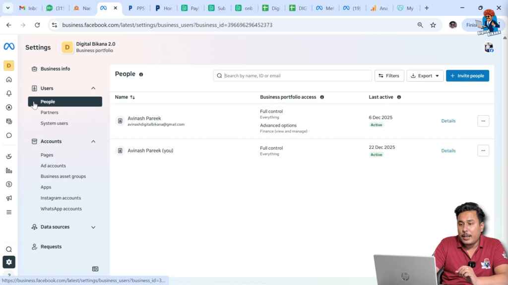 People section in Meta Business Suite showing users with business access