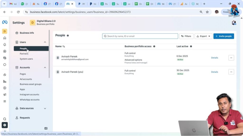 People section in Meta Business Suite showing page access users
