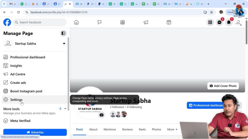 Opening Facebook Page settings to manage page access