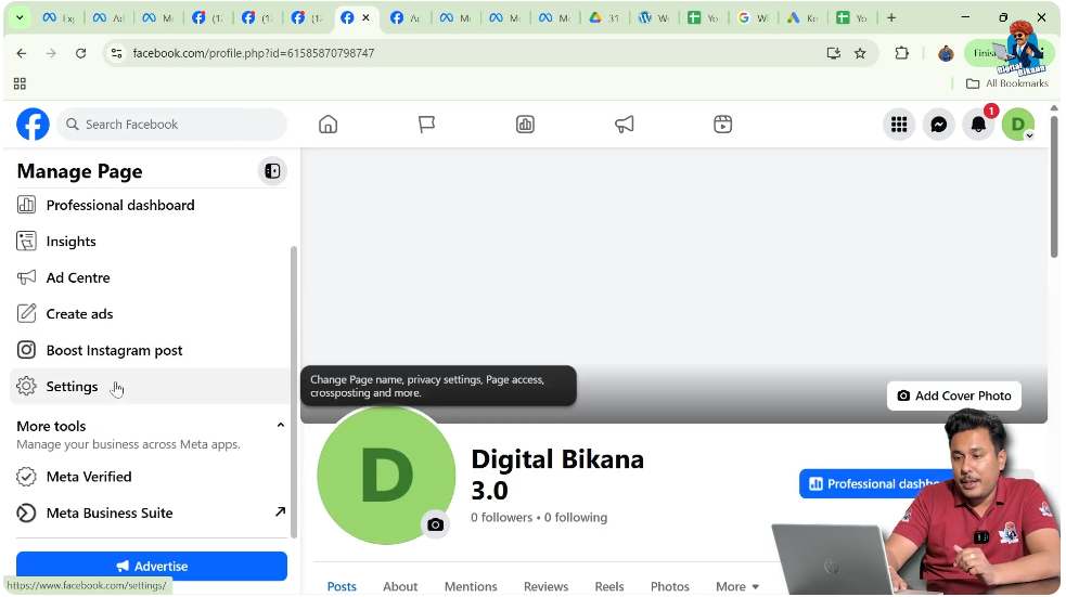 Opening Facebook Page settings to edit page URL