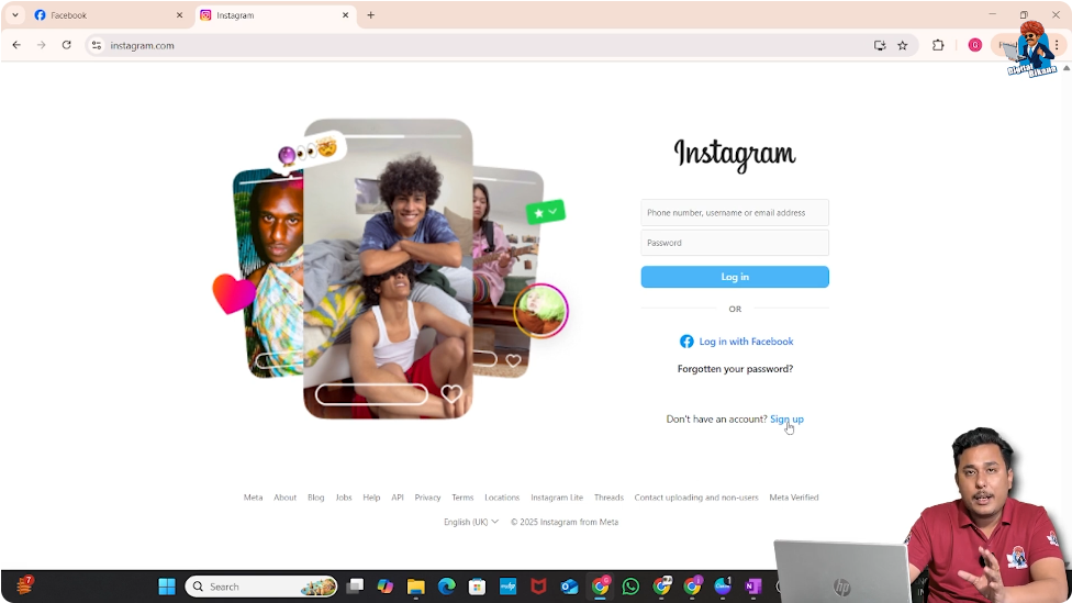 Opening instagram.com on desktop browser to start creating a new Instagram account