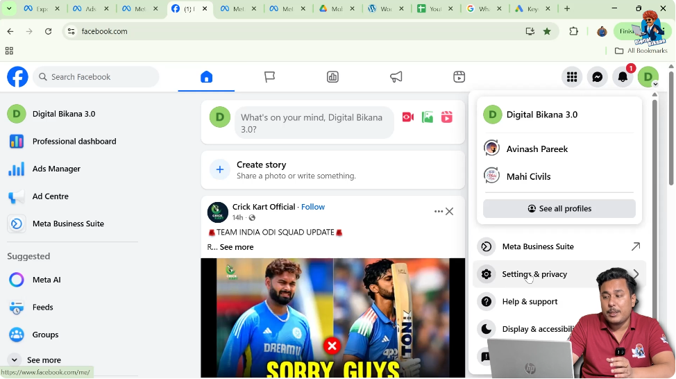 Opening settings and privacy from Facebook