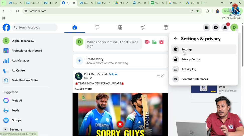 Opening settings and privacy from Facebook page profile