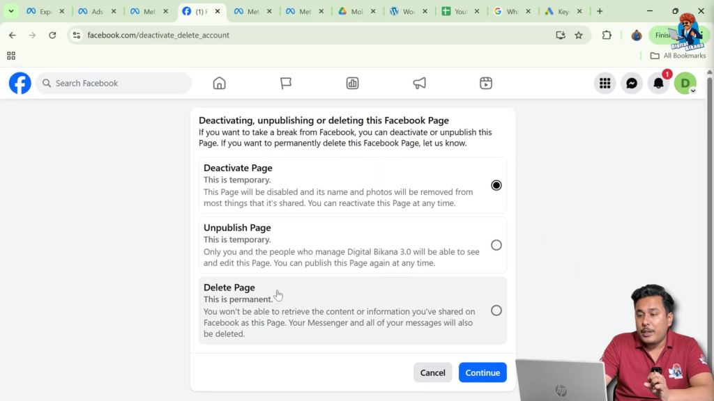 Opening access and control option in Facebook page settings
