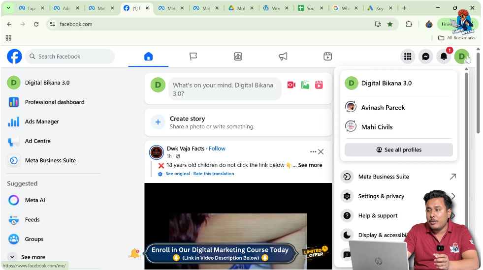 Facebook page interface with the page profile icon opened to access management options.