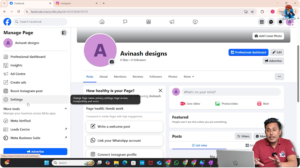 Opening Facebook page settings to manage account connections