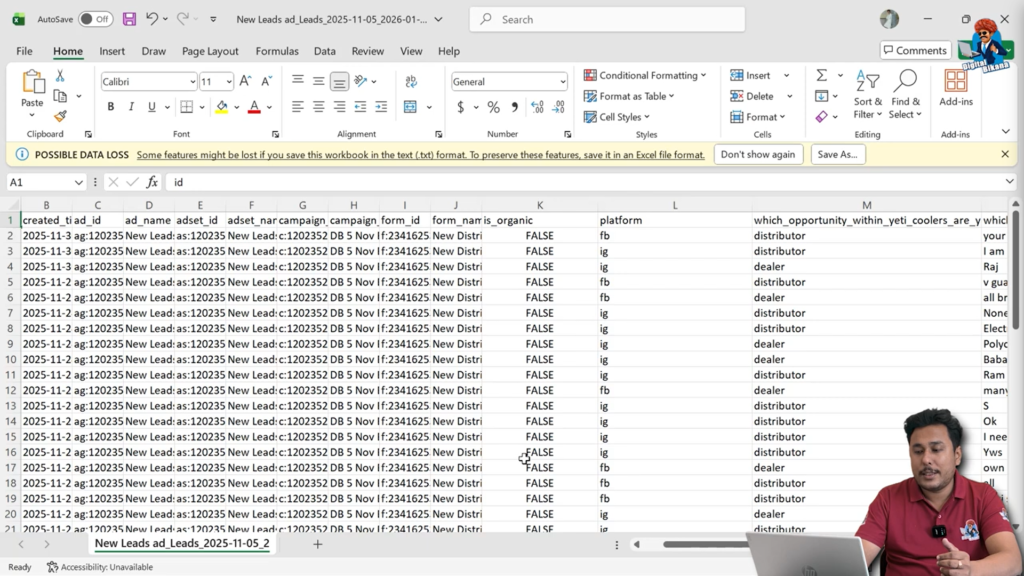 Facebook ad leads marked as inorganic in Excel report