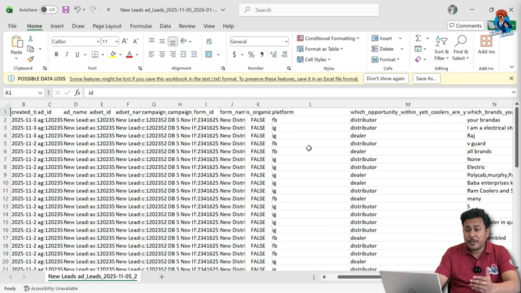 Facebook and Instagram lead source information in Excel file