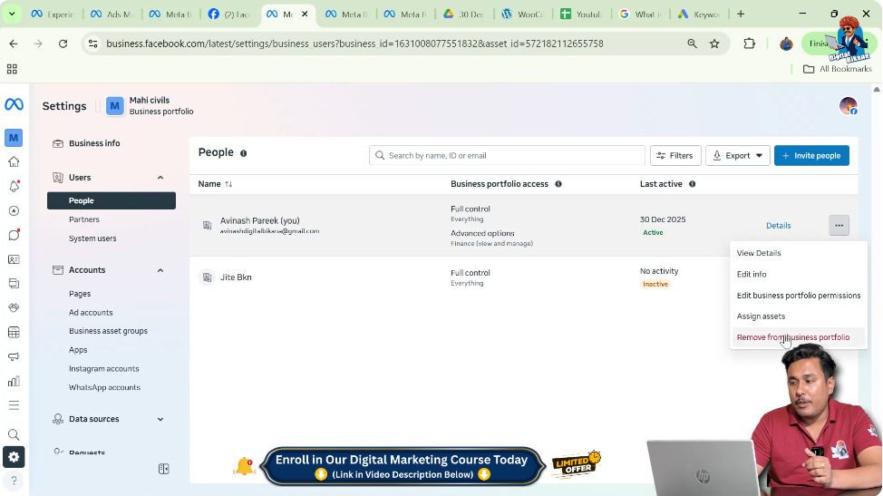 Removing someone from Facebook business portfolio using Meta Business Suite