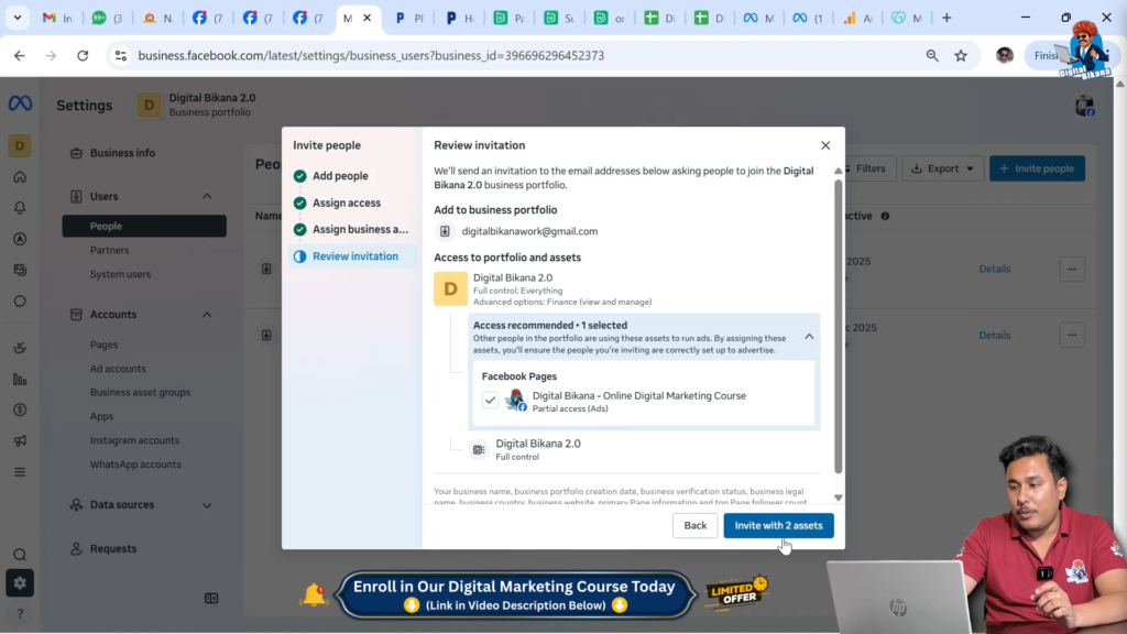 Reviewing Facebook ad account permissions before sending invitation