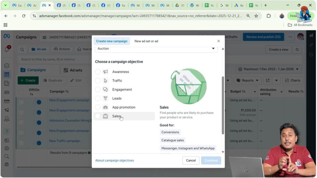 Sales campaign objective selected for ecommerce website conversions