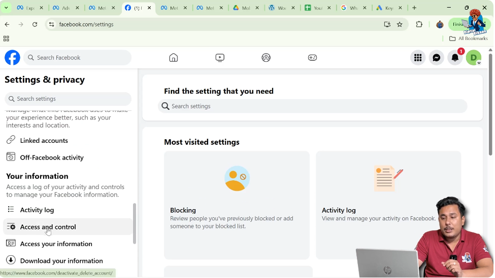 Scrolling Facebook page settings left side menu