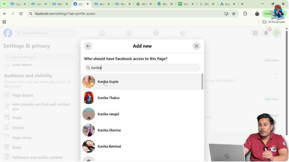 Searching Facebook friend name to assign admin access to a Facebook page