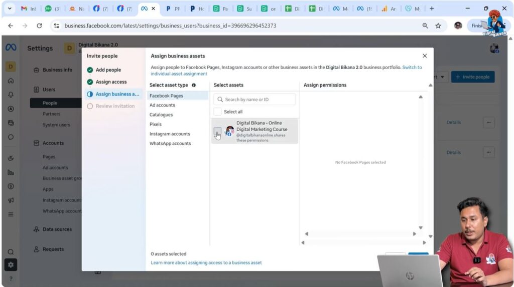 Selecting Facebook Page asset while assigning user access