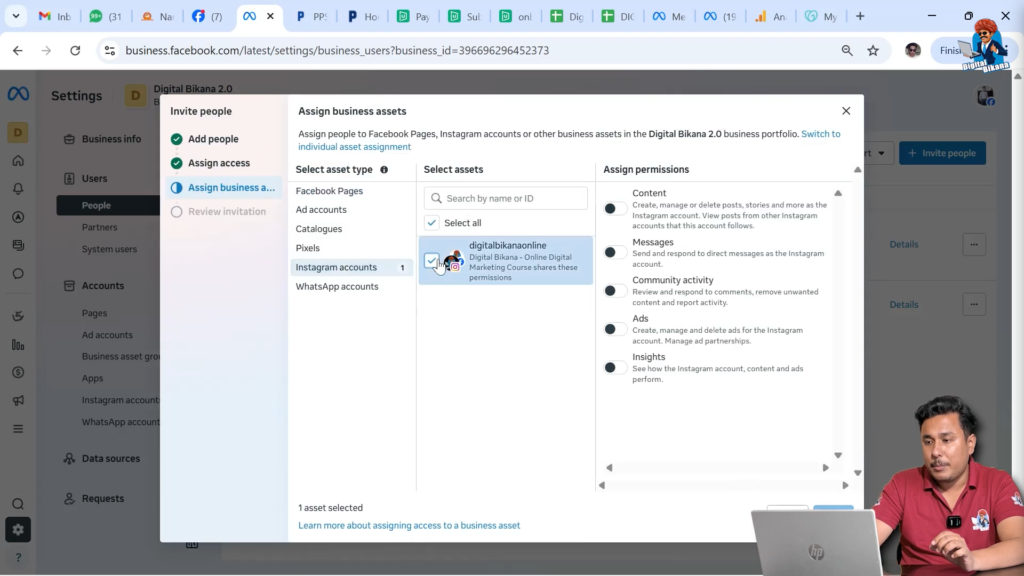 Selecting Instagram professional account as business asset for access