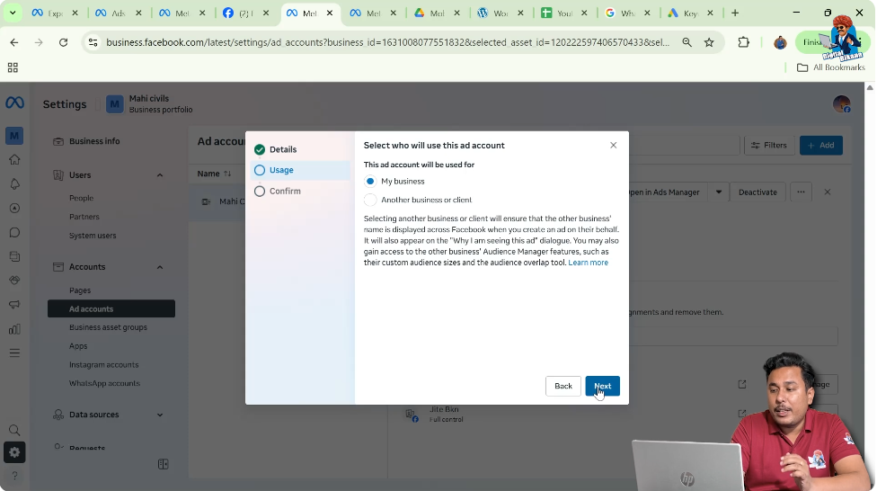 Selecting own business while creating Facebook ad account