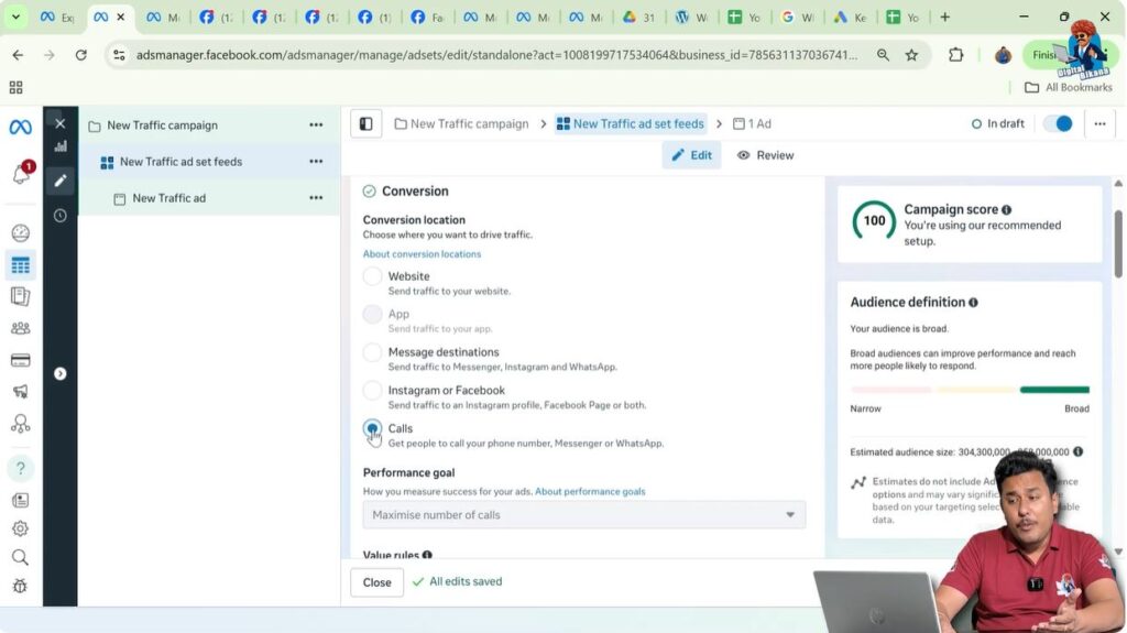 Calls selected as conversion location in Meta ad set