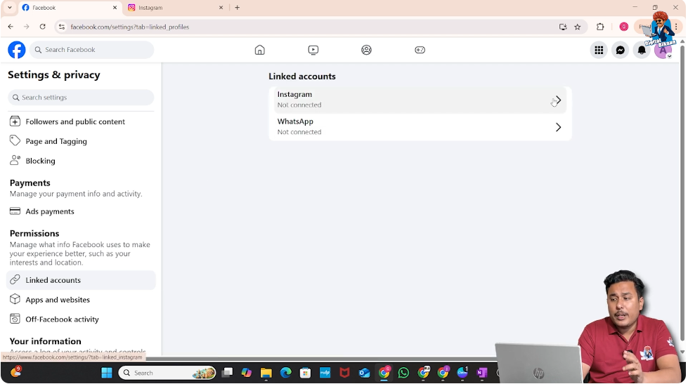 Selecting Instagram under linked accounts in Facebook settings