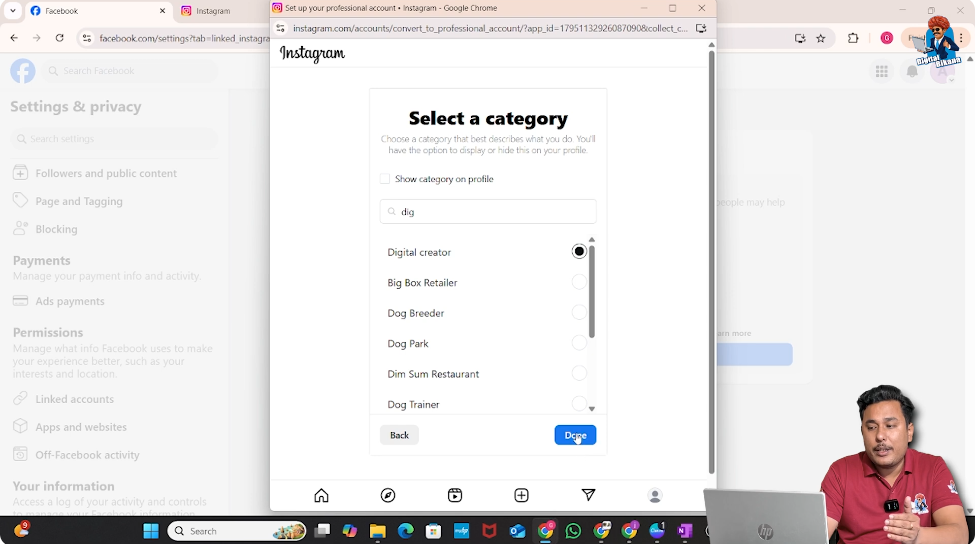 Choosing business category for Instagram professional account setup