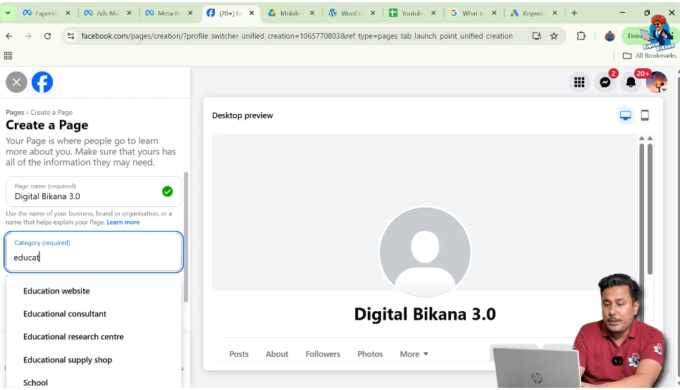Facebook page category selection screen for business type
