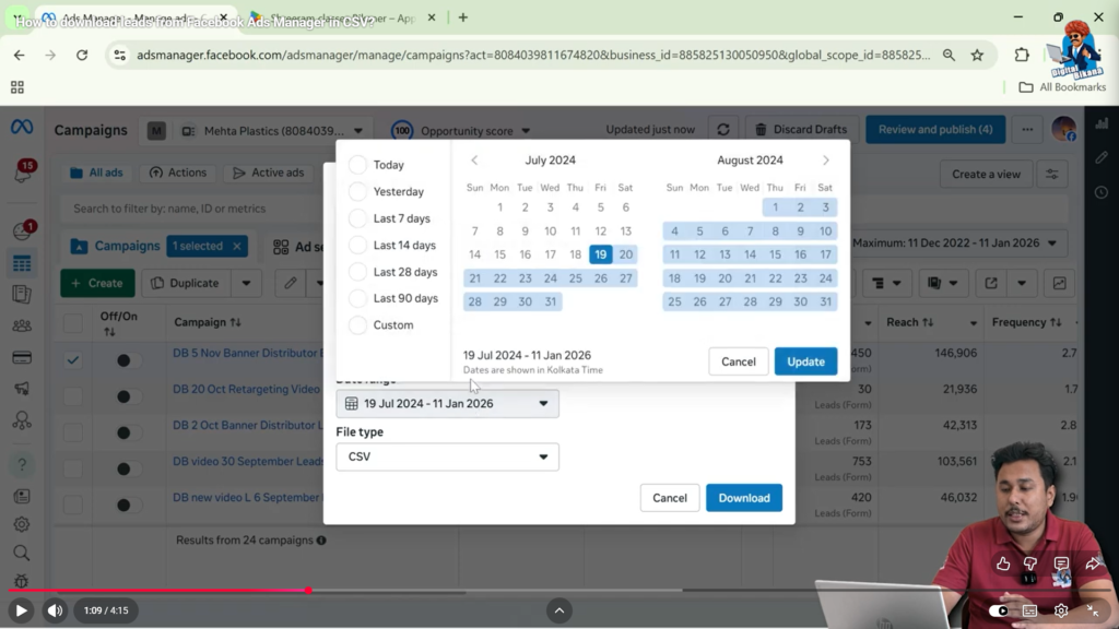 Facebook lead download date range selection window