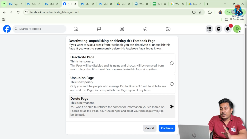 Selecting delete page option to remove Facebook page