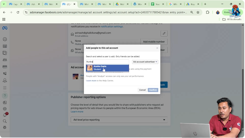 Searching and selecting a Facebook friend to give ad account access