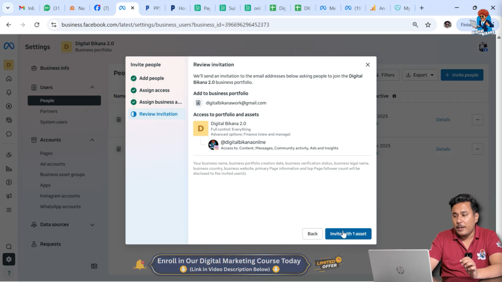 Sending Instagram access invitation with one asset via Meta Business Suite