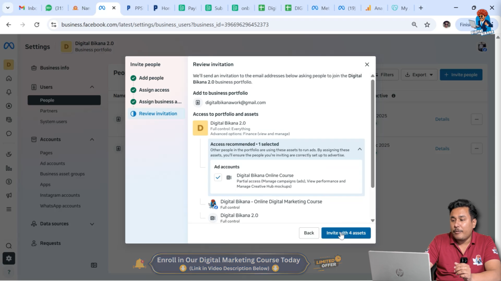 Sending invitation to user with assigned assets in Meta Business Suite