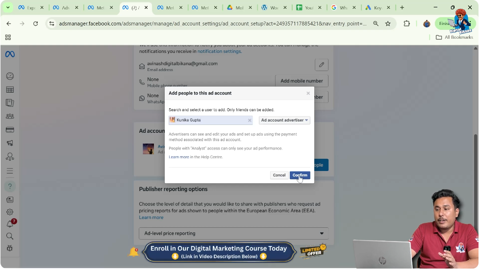 Confirming and sending Facebook ad account access request to another user