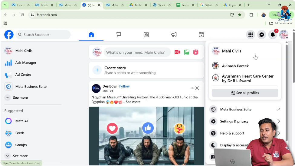 Switching from personal Facebook account to Facebook page using profile menu