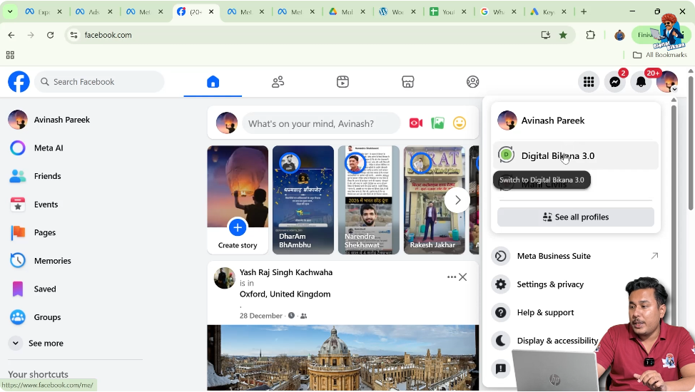 Switching from personal Facebook profile to Facebook Page from top-right menu