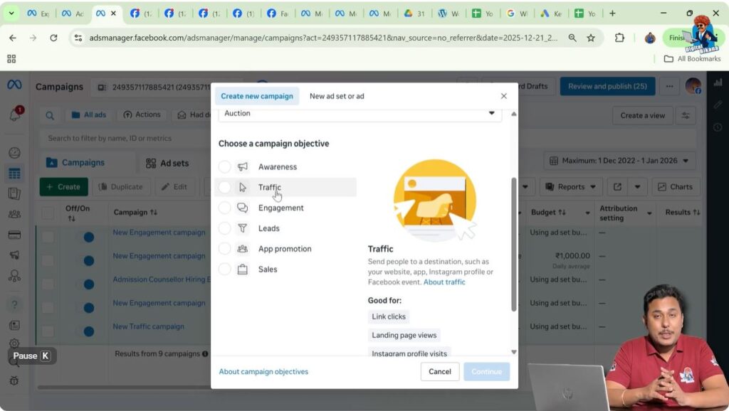 Traffic campaign objective selected for calls or website visits