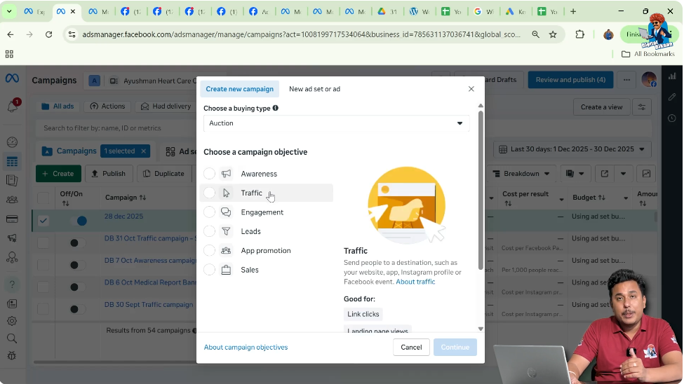 Traffic objective selected in Meta ad campaign setup
