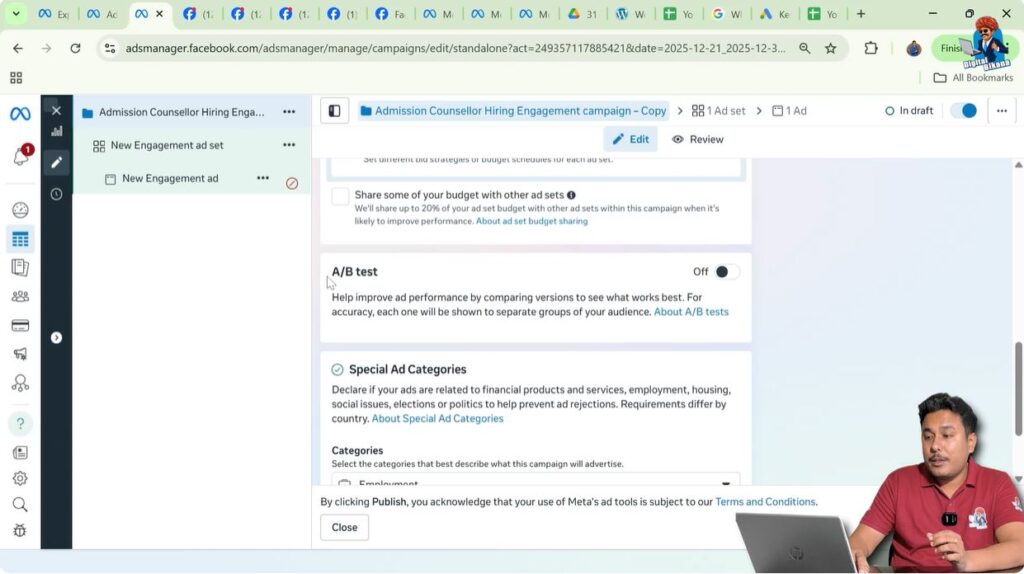 A/B testing description explaining performance comparison in Meta Ads