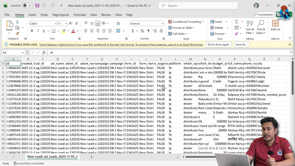 Excel sheet showing Facebook lead data columns like name and phone number