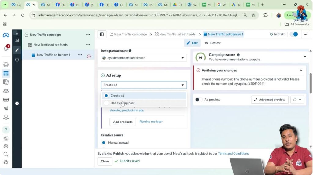 Use existing post option to promote a published Facebook or Instagram post
