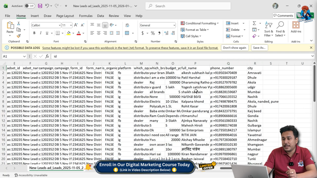 Facebook lead form responses displayed in Excel sheet
