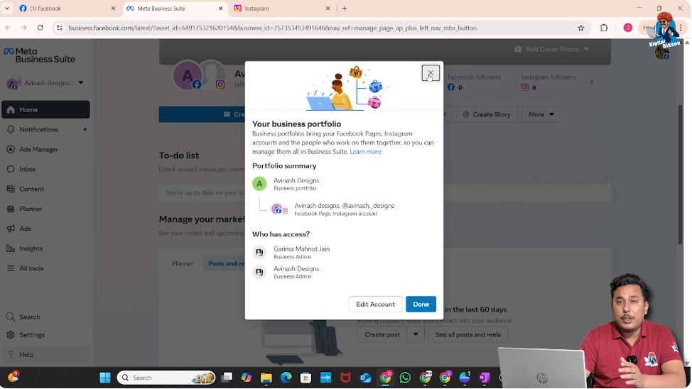 Verifying Facebook page and Instagram connection