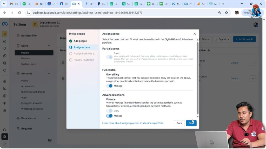 Selecting advanced options and manage access in Meta Business Suite