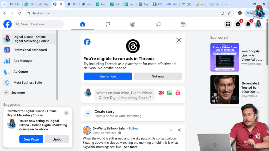 Switching Facebook personal profile to business page using profile