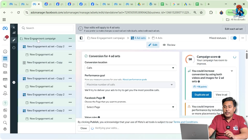 Creating multiple ad sets using duplication option in Meta Ads Manager